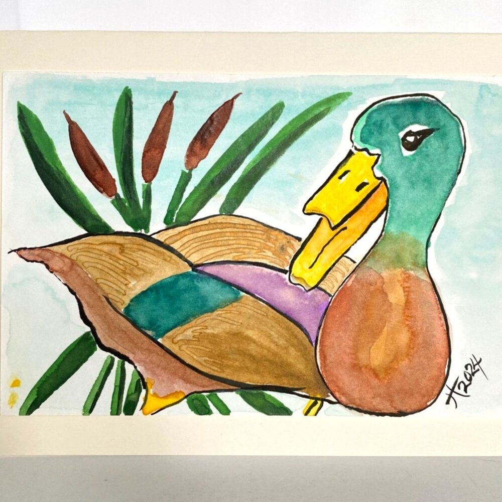 Watercolor Duck Cattails Art Handmade Original Blank Greeting Card and Envelope